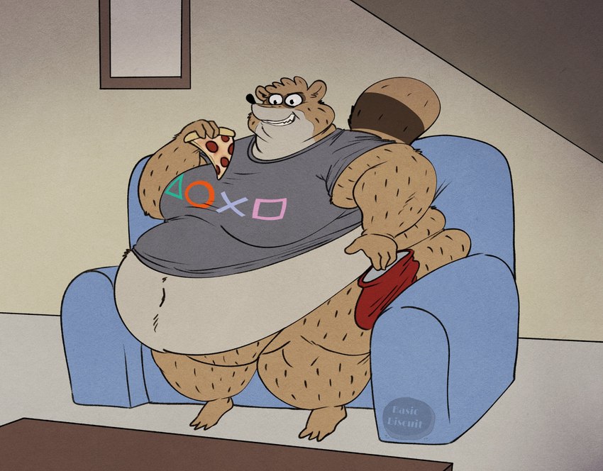 anthro bag belly big_belly clenched_teeth clothing fangs food fur furniture holding_food holding_object holding_pizza inside male morbidly_obese morbidly_obese_anthro morbidly_obese_male navel obese obese_anthro obese_male on_sofa overweight overweight_anthro overweight_male pizza pizza_slice playstation_button_symbol playstation_shirt shirt sitting sitting_on_sofa smile sofa solo teeth topwear basicbiscuit cartoon_network playstation regular_show sony_corporation sony_interactive_entertainment rigby_(regular_show) mammal procyonid raccoon 2024 hi_res signature