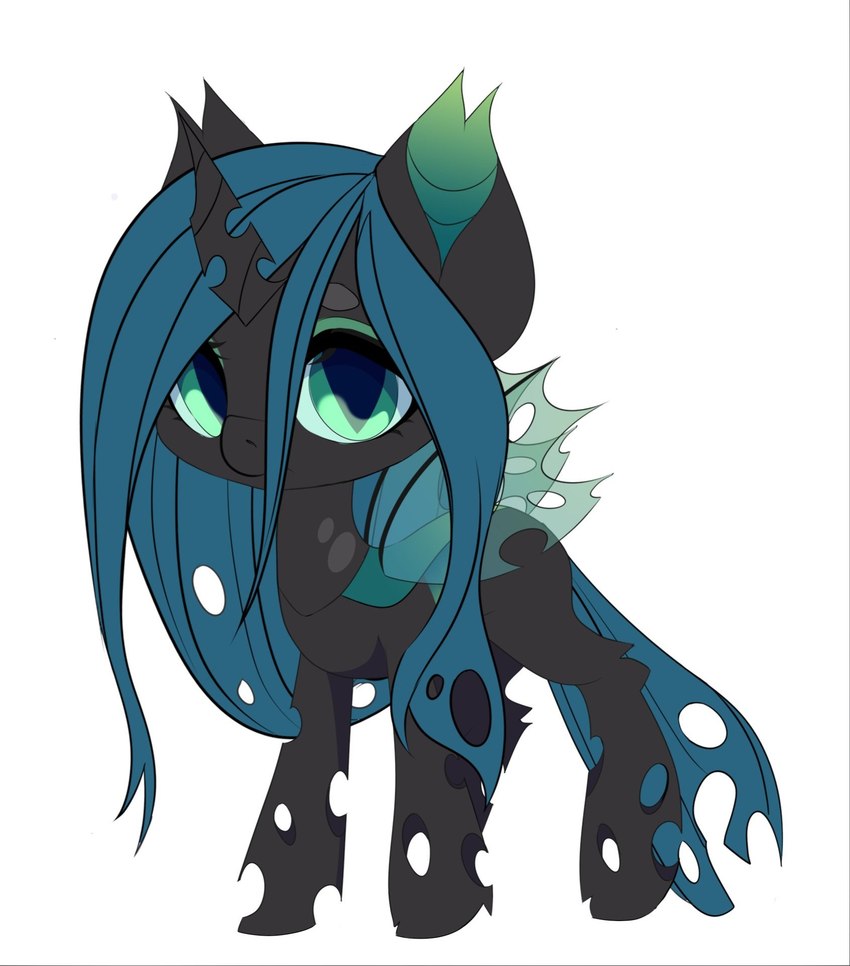 black_body blue_hair chibi female feral green_eyes green_inner_ear hair horn insect_wings simple_background solo white_background wings xsatanielx friendship_is_magic hasbro my_little_pony queen_chrysalis_(mlp) arthropod changeling hi_res tagme