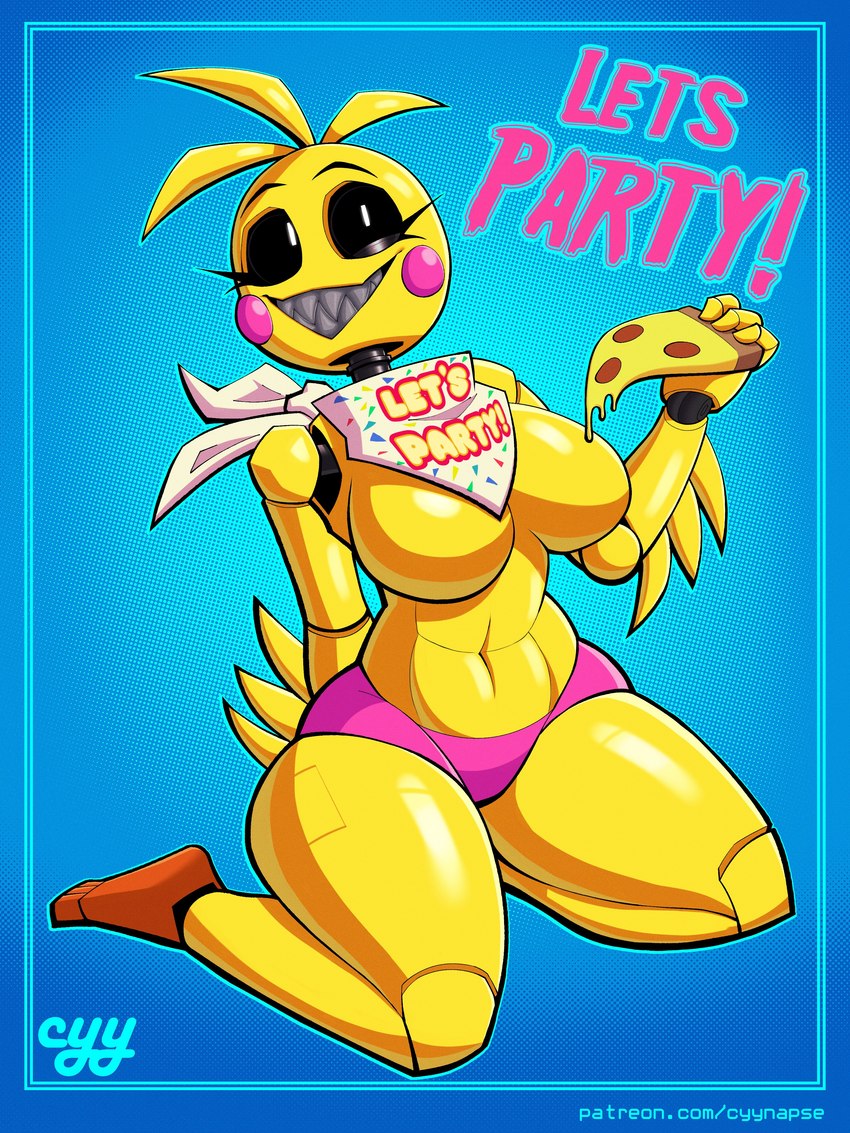 anthro beakless bib big_breasts black_eyes breasts clothed clothing featureless_breasts female food machine navel non-mammal_breasts panties partially_clothed pizza sharp_teeth simple_background smile solo teeth text thick_thighs underwear yellow_body cyynapse five_nights_at_freddy's five_nights_at_freddy's_2 scottgames toy_chica_(fnaf) animatronic avian bird chicken galliform gallus_(genus) phasianid robot 2023 3:4 absurd_res digital_media_(artwork) hi_res