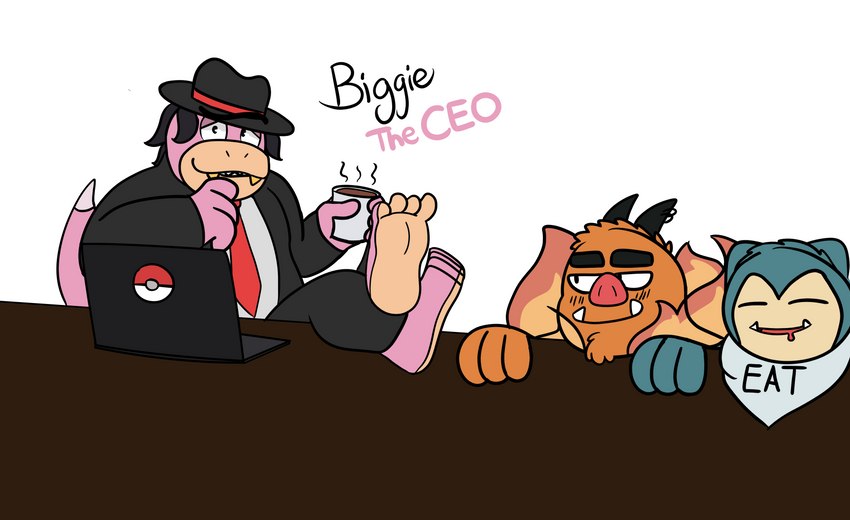 anthro beverage blush bodily_fluids coffee computer desk drooling electronics eyebrows feet feet_on_desk foot_on_table furniture group male male/male saliva table unibrow baconatordeluxe nintendo pokemon baconator_(character) biggie_(character) meal_(character) emboar generation_1_pokemon generation_5_pokemon pokemon_(species) slowpoke snorlax absurd_res hi_res