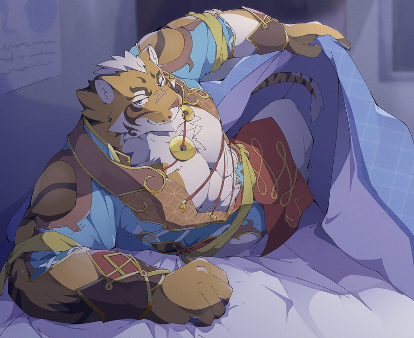 abs anthro bed_sheet bedding bedroom_eyes clothed clothing countershading fur holding_object inside inviting inviting_under_covers looking_at_viewer male markings narrowed_eyes night orange_body orange_ears orange_fur pecs seductive smile solo striped_body striped_fur striped_markings striped_tail stripes tail tail_markings sakehabera nekojishi studio_klondike lin_hu felid mammal pantherine tiger 2021 hi_res