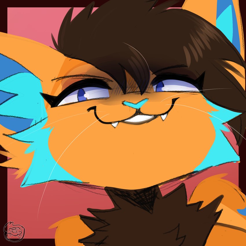 anthro arm_tuft blue_eyes blue_inner_ear_fluff blue_markings border brown_border brown_hair cheek_tuft chest_tuft facial_tuft fangs female front_view fur grin hair inner_ear_fluff markings no_pupils orange_body orange_fur red_background shoulder_tuft simple_background smile solo teeth tuft whiskers rose_puppies chevy_dahl felid feline lynx mammal 1:1 bust_portrait hi_res portrait