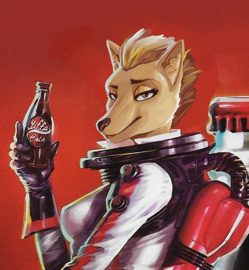 alternate_species anthro beverage blonde_hair clothing female gloves hair handwear jet_pack lipstick looking_at_viewer makeup narrowed_eyes nuka-cola red_background short_hair simple_background smile soda solo spacesuit lordflawn third-party_edit fallout microsoft nuka-girl_(fallout) canid canine canis domestic_dog mammal official_art