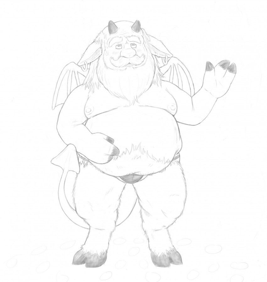 beard belly bulge clothing facial_hair hooves horizontal_pupils horn long_beard long_mustache male mature_male mustache nipples overweight pupils solo underwear unguligrade wings smokey_(artist) demon humanoid imp hi_res