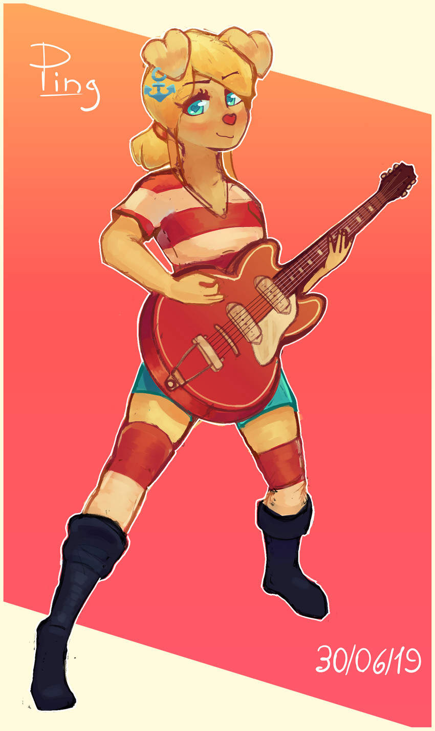 anthro blue_eyes breasts clothing ear_piercing ear_ring female fingers fluffy footwear fur guitar hair heart_eyes heart_symbol holding_object musical_instrument piercing pink_nose plucked_string_instrument ring_piercing smile solo standing string_instrument tan_body tan_fur pingpenne amber_(ping-ether) canid canine canis domestic_dog mammal 2019 absurd_res hi_res