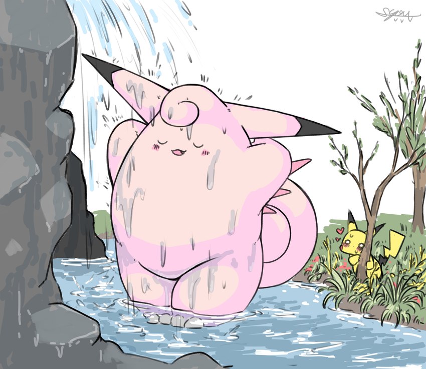 ambiguous_gender anthro bathing blush blush_lines bodily_fluids duo embarrassed eyes_closed feral heart_symbol open_mouth partially_submerged paws pink_body plant showering sweat teeth tree voyeur waterfall waterfall_shower wet wet_body yellow_body bluescape735 nintendo pokemon clefable generation_1_pokemon pikachu pokemon_(species) 2024 absurd_res hi_res signature