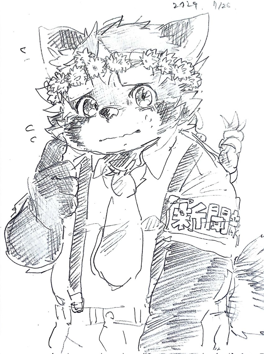 anthro blush flower flower_crown male necktie plant slightly_chubby solo suspenders young zimsanada2 lifewonders tokyo_afterschool_summoners zhurong_(tas) ailurid mammal red_panda hi_res sketch