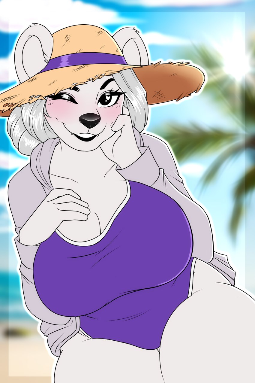 anthro big_breasts black_lips blush breasts clothing female hat headgear headwear hoodie lips mature_female one-piece_swimsuit solo straw_hat swimwear thick_thighs topwear hyperiontrash hilde_(m.c) bear mammal polar_bear ursine hi_res