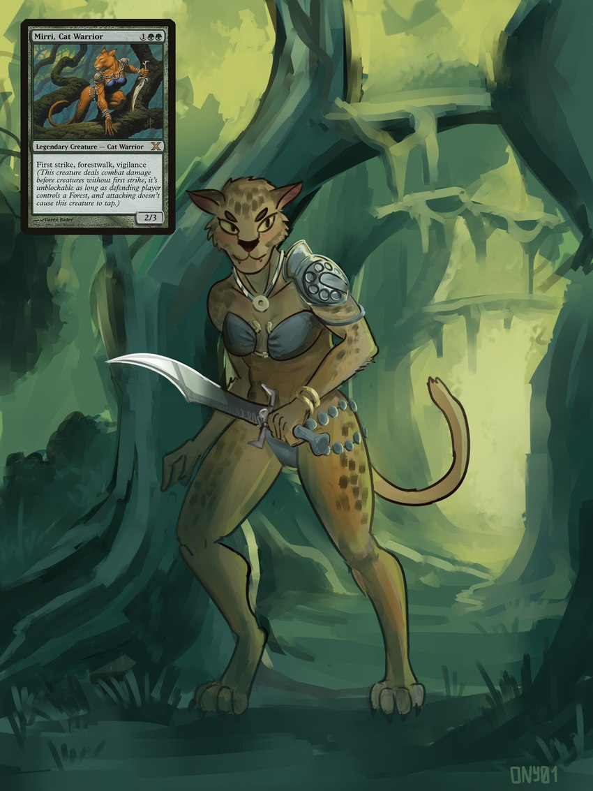 anthro armor breasts clothed clothing female forest fur jungle melee_weapon paws plant solo text tree weapon ony01 hasbro magic:_the_gathering wizards_of_the_coast mirri_cat_warrior catfolk domestic_cat felid feline felis leonin mammal 3:4 absurd_res english_text hi_res