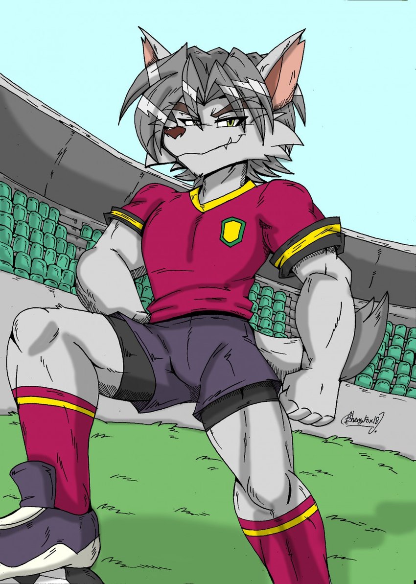 5_fingers anthro ball biped brown_nose clothed clothing dipstick_tail eyebrows fingers front_view fur green_eyes grey_body grey_fur grey_hair grey_tail hair looking_at_viewer male markings muscular smile soccer soccer_ball soccer_uniform solo sport sportswear stadium tail tail_markings uniform zhengfox forza!_hidemaru kaiser_(forza!_hidemaru) canid canine canis mammal wolf 2018 hi_res signature