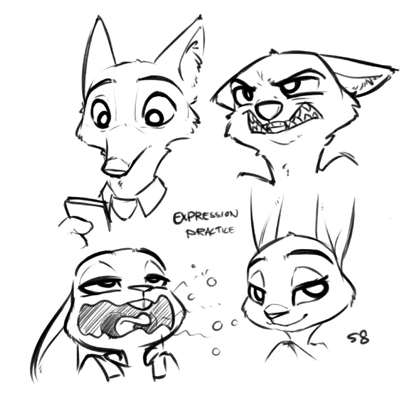 ambiguous_gender anthro buckteeth burping cheek_tuft clothed clothing facial_tuft half-closed_eyes head_tuft holding_object narrowed_eyes open_mouth sharp_teeth simple_background smile solo teeth tuft white_background alec8ter conditional_dnp disney zootopia judy_hopps nick_wilde canid canine fox lagomorph leporid mammal rabbit red_fox true_fox black_and_white expression_sheet hi_res monochrome signature