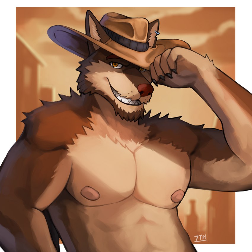 anthro biceps brown_body brown_fur clothing cowboy_hat fur hair hat headgear headwear looking_at_viewer male muscular muscular_anthro muscular_male nipples pecs simple_background smile solo 7theaven gabu_(awoogabu) canid canine canis mammal red_wolf wolf 1:1 absurd_res digital_media_(artwork) hi_res