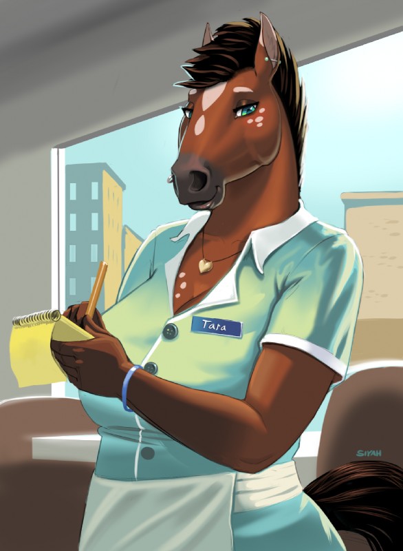 anthro apron big_breasts blue_eyes breasts brown_body brown_fur brown_hair clothed clothing day facial_piercing female fur hair inside jewelry looking_at_viewer mane mohawk necklace nose_piercing piercing smile solo text uniform waiter waitress_uniform siyah tara_(siyah) equid equine horse mammal 2018 english_text hi_res