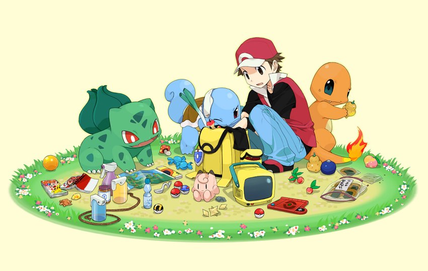 apple backpack bent_spoon berry book bottle bottomwear brown_hair candy clothing container cookie crouching dessert electronics escape_rope evolutionary_stone fire fire_stone food fruit fungus grass great_ball hair hat headgear headwear jacket leppa_berry map mushroom open_mouth oran_berry pants pecha_berry plant plushie pokeball pokedex pokemon_berry potion_(pokemon) rare_candy red_eyes rope sitrus_berry standard_pokeball starter_trio sun_stone television tiny_mushroom topwear toy ultra_ball agemono nintendo pokemon red_(pokemon) bulbasaur charmander clefairy generation_1_pokemon human mammal pikachu pokemon_(species) squirtle