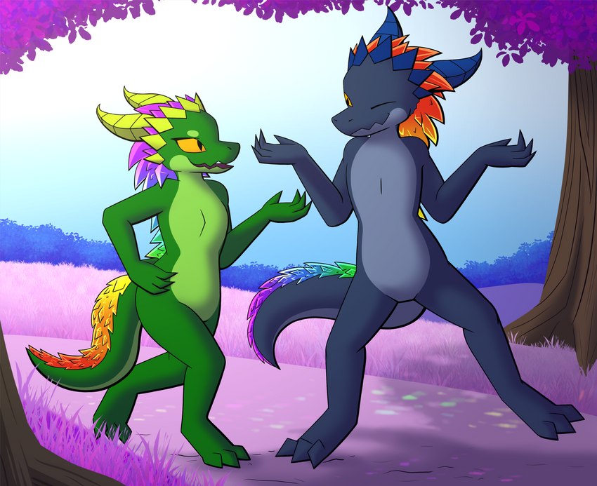 anthro duo female male nude outside purple_grass purple_tree walking yellow_eyes w0lfmare beryl_the_gembold corundum_the_gembold gembold kobold scalie 2021 hi_res brother_(lore) brother_and_sister_(lore) sibling_(lore) sister_(lore)