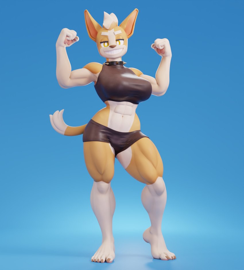 5_fingers 5_toes abs anthro barefoot blue_background breasts collar feet female fingers flexing fur grin hand_pawpads humanoid_feet looking_at_viewer midriff muscular muscular_anthro muscular_female muscular_legs muscular_thighs pawpads plantigrade simple_background smile solo spiked_collar spikes standing tan_body tan_fur toes white_body white_fur connivingrat flapcats_(modeler) valorlynz_(modeler) xaiarts_(modeler) dog_knight_rpg nix_(ceehaz) canid canine canis domestic_dog herding_dog mammal pastoral_dog welsh_corgi 2025 3d_(artwork) digital_media_(artwork) full-length_portrait hi_res portrait