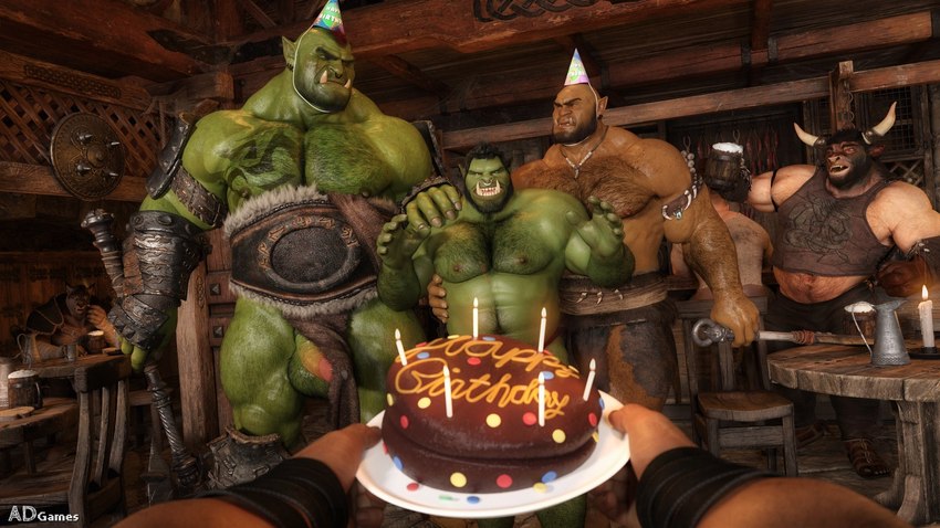 anthro balls beard big_pecs birthday body_hair cake chest_hair clothed clothing dessert facial_hair food genitals group hat headgear headwear horn male male/male muscular muscular_humanoid muscular_male nipples partially_clothed party_hat pecs penis size_difference tavern ad-games european_mythology greek_mythology mythology background_character boruk_(ad-games) gorzak_(ad-games) kurdan_(ad-games) bovid bovine canid canine humanoid mammal minotaur orc werecanid werecanine werecreature 16:9 3d_(artwork) artist_name digital_media_(artwork) hi_res widescreen