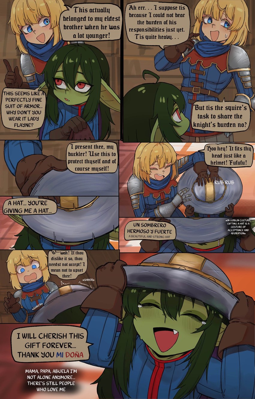 armor bodily_fluids crying dialogue duo female shield speech_bubble tears tears_of_joy text basedbinkie chivalry_starved flayne_(basedbinkie) sancha_gobzales_(basedbinkie) goblin human mammal absurd_res comic hi_res spanish_text