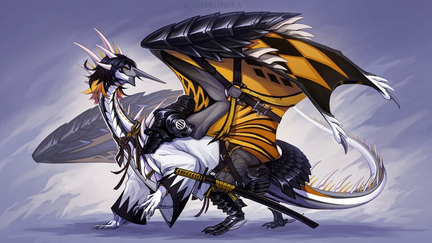 ambiguous_gender armor black_hair black_wings clothed clothing feral glistening glistening_eyes grey_body hair katana melee_weapon mouth_closed orange_eyes orange_wings scales side_view solo sword weapon white_body white_clothing white_scales wings yellow_wings kolaa mythology dragon mythological_creature mythological_scalie scalie 16:9 full-length_portrait hi_res portrait widescreen