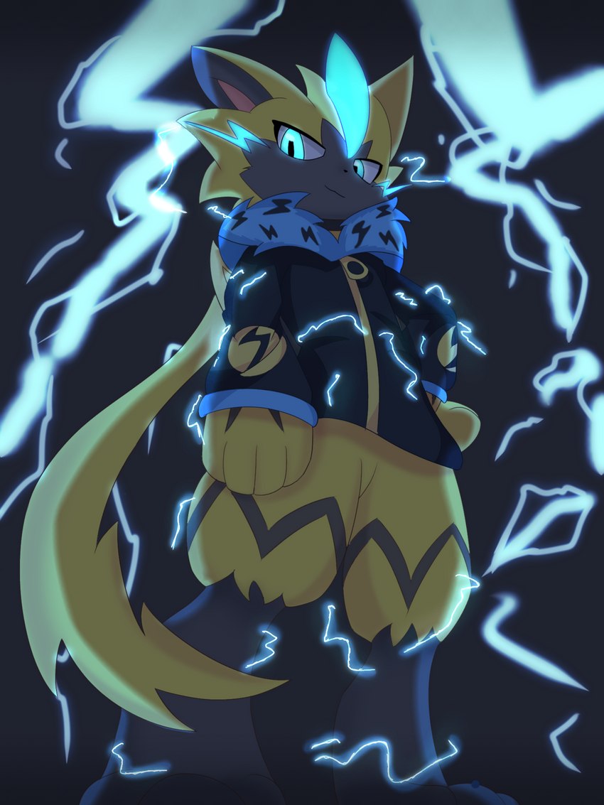 ambiguous_gender anthro black_background black_body black_fur black_nose blue_body blue_eyes blue_fur blue_glow clothed clothing electricity electrogenesis featureless_crotch fur high-angle_view holowear_(pokemon) lightning looking_at_viewer simple_background solo yellow_body yellow_fur rael nintendo pokemon pokemon_unite band_style_zeraora felid feline generation_7_pokemon legendary_pokemon mammal pokemon_(species) zeraora 3:4 absurd_res hi_res