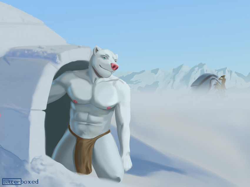 anthro biped bottomwear clothing igloo loincloth male mountain painting snow solo otterboxed bear humanoid mammal polar_bear ursine 2020 4:3 hi_res