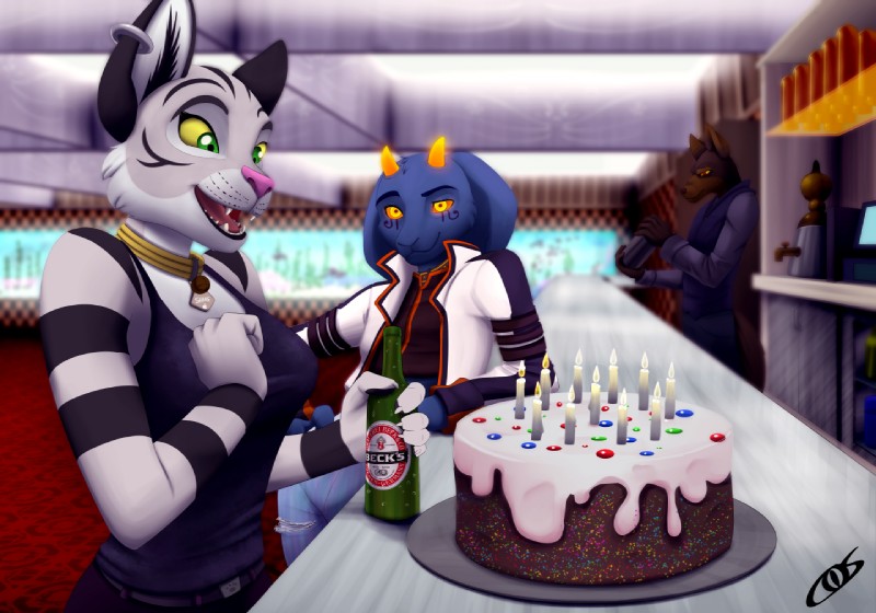 alcohol anthro beverage birthday bottle cake clothed clothing collar container dessert female food group happy_birthday inside male smile coszcatl bovid canid canine caprine felid goat hybrid mammal