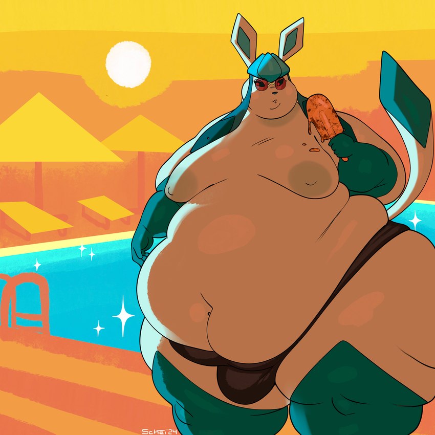 anthro belly big_belly blue_body blue_fur blue_hair blue_nipples bulge chubby_cheeks clothing eyewear food fur hair holding_food holding_object holding_popsicle male moobs navel nipples obese obese_anthro obese_male outside overweight overweight_anthro overweight_male pool popsicle solo sun sunglasses swimwear swimwear_only water robuttschei nintendo pokemon eeveelution generation_4_pokemon glaceon mammal pokemon_(species) 1:1 absurd_res hi_res signature