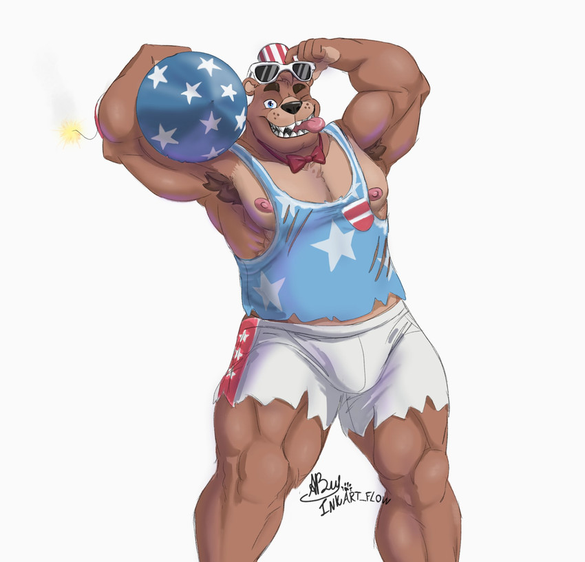 anthro areola armpit_hair barazoku biceps blue_eyes body_hair bottomwear bow_tie bulge clothed clothing eyewear fangs fireworks flexing fuse glasses hair hat headgear headwear holding_object looking_at_viewer male manly muscular muscular_anthro muscular_male nipples one_eye_closed open_mouth patriotic_clothing pattern_clothing pattern_hat pattern_headgear pattern_headwear pecs pink_tongue raised_arm round_ears sharp_teeth shirt shorts simple_background smile smoke solo standing star striped_clothing striped_hat striped_headgear striped_headwear striped_top_hat stripes tank_top teeth thick_thighs tongue tongue_out top_hat topwear torn_clothing triceps white_background inkart_flow five_nights_at_freddy's five_nights_at_freddy's_ar scottgames firework_freddy_(fnaf) freddy_(fnaf) bear mammal 2020 hi_res