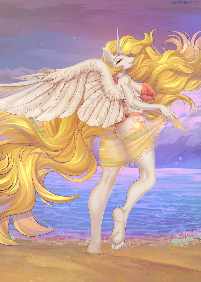 anthro beach bikini blonde_hair clothing day detailed_background feathered_wings feathers female hair horn outside sand seaside shoreline sky smile solo swimwear two-piece_swimsuit water white_body white_feathers wings margony friendship_is_magic hasbro my_little_pony mythology princess_celestia_(mlp) equid equine mammal mythological_creature mythological_equine winged_unicorn 2020 digital_media_(artwork) hi_res