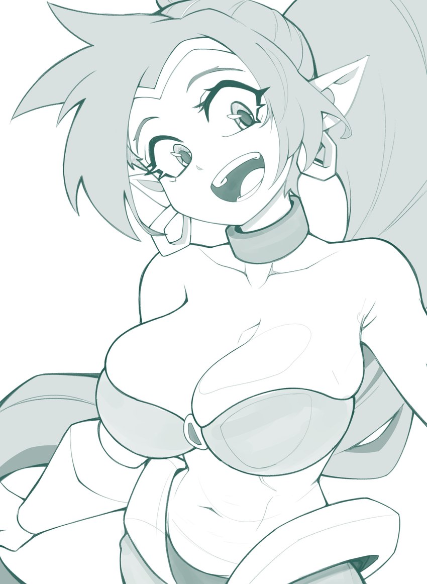 breasts cleavage clothed clothing female hair humanoid_pointy_ears long_hair looking_at_viewer navel not_furry open_mouth pointy_ears ponytail simple_background solo diloon_1 shantae_(series) wayforward shantae genie humanoid absurd_res hi_res