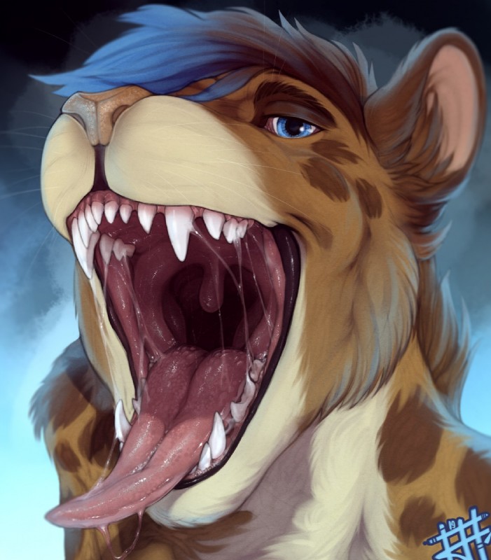 abstract_background anthro blue_background blue_eyes blue_hair blue_highlights bodily_fluids brown_body brown_fur drooling fangs front_view fur hair highlights_(coloring) looking_at_viewer male markings mouth_shot open_mouth saliva saliva_string simple_background solo spots spotted_body spotted_fur tan_body tan_fur teeth three-quarter_view tongue tongue_out uvula whiskers nevolsky famir_(thebestvore) cougar domestic_cat felid feline felis hybrid mammal serval 2019 bust_portrait detailed digital_drawing_(artwork) digital_media_(artwork) hi_res portrait signature watermark