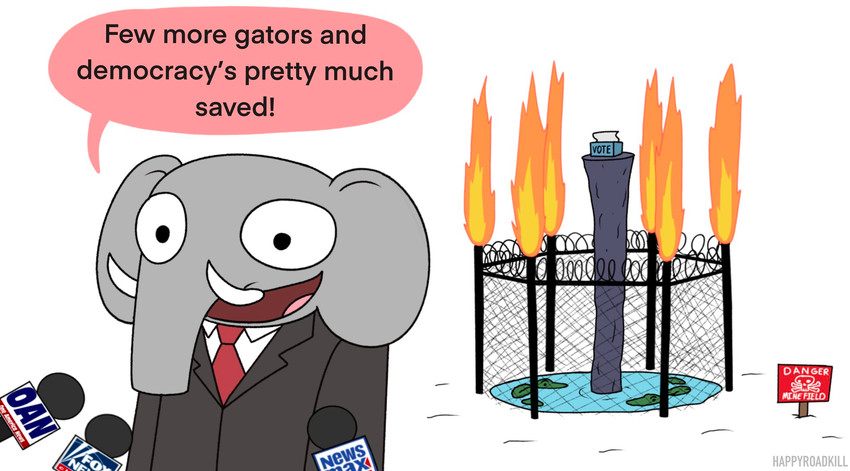 anthro clothed clothing dialogue electronics fence feral fire group humor male microphone offscreen_character political_cartoon politics sign simple_background solo_focus standing suit text tusks water white_background happyroadkill republican george_o._pillsburry republican_elephant alligator alligatorid crocodilian elephant elephantid mammal proboscidean reptile scalie 2021 digital_drawing_(artwork) digital_media_(artwork) english_text flat_colors hi_res