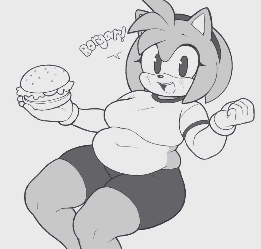 anthro belly breasts burger dialogue female food navel slightly_chubby solo thick_thighs champchidi sega sonic_the_hedgehog_(series) amy_rose eulipotyphlan hedgehog mammal 2024 hi_res