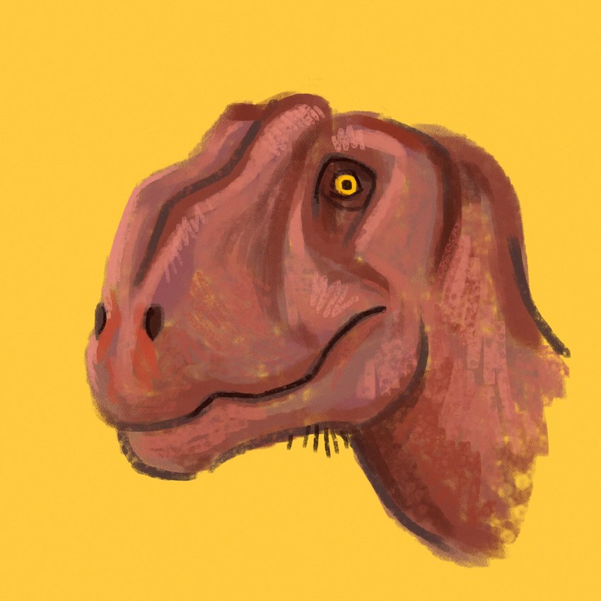 ambiguous_gender brown_body feral looking_at_viewer side_view simple_background small_eyes solo yellow_background yellow_eyes kutv dinosaur metriacanthosaurid prehistoric_species reptile scalie theropod yangchuanosaurus 1:1 absurd_res digital_media_(artwork) digital_painting_(artwork) headshot_portrait hi_res portrait