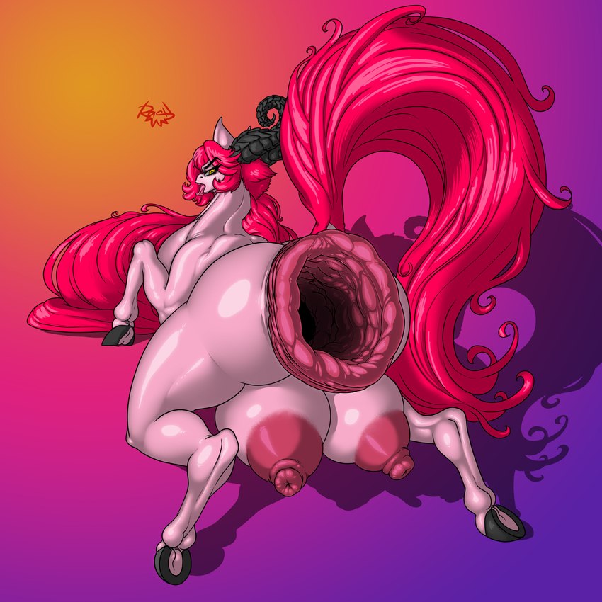 anus areola big_areola big_butt big_nipples big_teats black_horn bodily_fluids butt crotch_breasts female feral gaping gaping_anus genitals gradient_background hair hooves horn huge_areola huge_butt huge_nipples huge_teats hyper hyper_genitalia long_hair long_horn long_tail looking_at_viewer muscular muscular_female muscular_feral nipples open_mouth outline pink_anus pink_areola pink_body pink_hair pink_nipples pink_tail presenting presenting_anus presenting_hindquarters prolapse shadow simple_background solo sploot tail teats tongue what what_has_science_done rashchaos ehri_(rashchaos) equid equine horse mammal pony 1:1 absurd_res digital_media_(artwork) hi_res signature