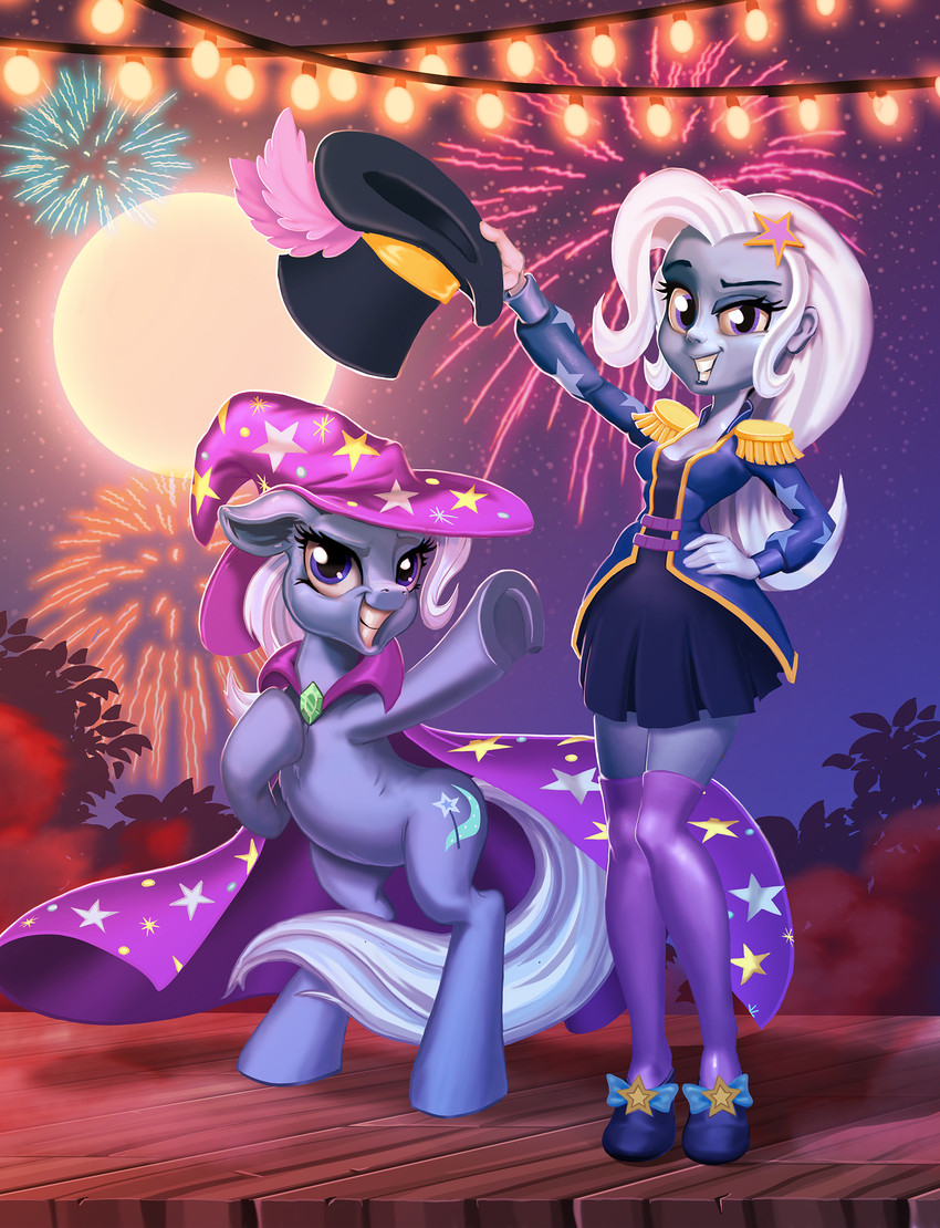 biped blue_body bottomwear cape clothing duo female feral fireworks full_moon hair hat headgear headwear hooves moon on_hind_legs purple_eyes skirt square_crossover stage top_hat white_hair witch_hat wizard_hat harwick equestria_girls friendship_is_magic hasbro my_little_pony trixie_(eg) trixie_(mlp) equid equine horse human mammal pony 2020 digital_media_(artwork) hi_res