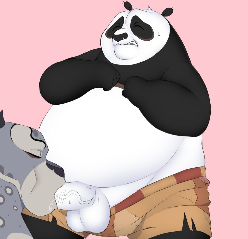 anthro balls belly bottomwear bottomwear_down clothed clothing duo erection fellatio fupa genitals looking_pleasured male male/male oral overweight partially_clothed penile penis sex shorts shorts_down hypnokoo dreamworks kung_fu_panda master_po_ping tai_lung_(kung_fu_panda) bear felid giant_panda mammal pantherine snow_leopard hi_res