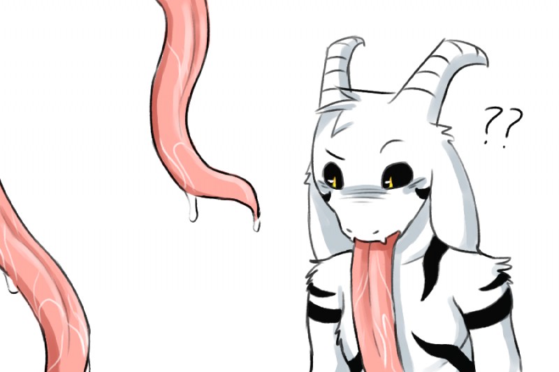 big_tongue black_sclera bodily_fluids fur horn hyper hyper_tongue long_ears long_tongue male markings question_mark saliva solo tongue tongue_fetish tongue_out white_body white_fur lewdtale undertale undertale_(series) asriel_dreemurr_(god_form) boss_monster_(undertale) bovid caprine mammal 3:2 digital_media_(artwork)