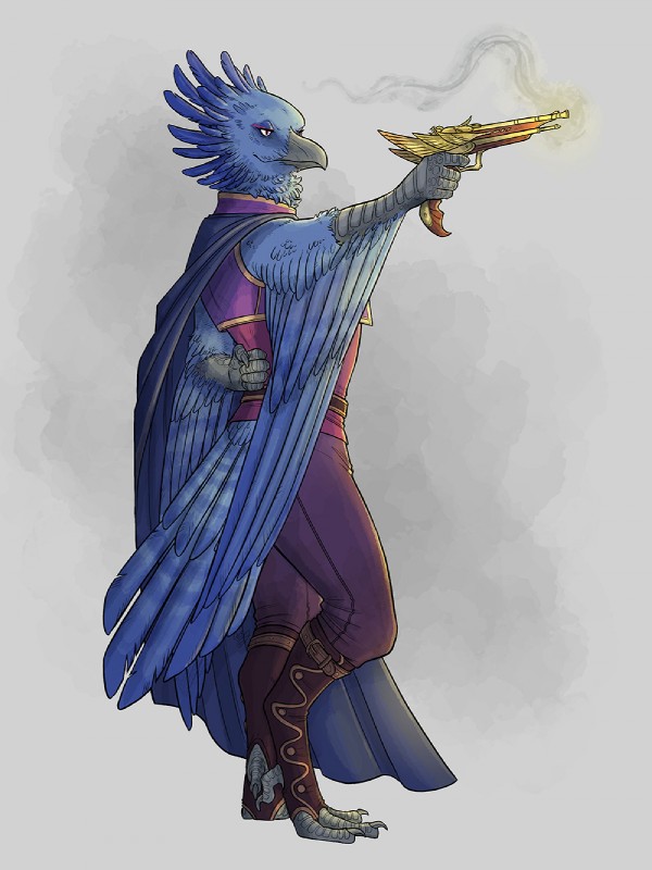 anthro blue_body blue_feathers cape clothed clothing eyeliner fantasy feathers fully_clothed gun hand_behind_back handgun makeup raised_arm ranged_weapon red_eyes scutes solo weapon caitercates aiareck_arpia accipitrid accipitriform avian bird eagle harpy_eagle 2018 digital_media_(artwork) hi_res watermark