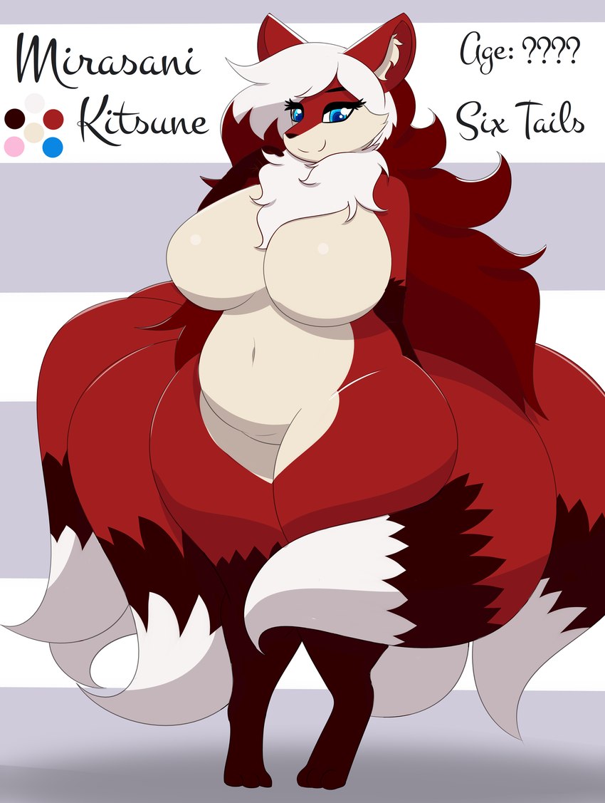 anthro big_breasts blue_eyes breasts brown_body brown_fur chest_tuft female fur hair huge_breasts multi_tail red_body red_fur red_hair slightly_chubby slightly_chubby_female solo tail tuft white_body white_fur white_hair sixfour_(artist) mirasani_(sixfour) canid canine fox mammal hi_res model_sheet