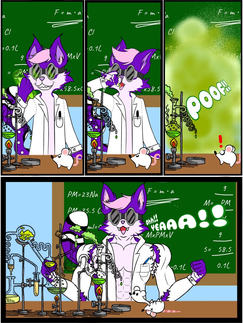 4_panel_comic alchemist anthro body_size_growth chalkboard clothing coat detailed_background drinking_potion exclamation_point eyewear goggles green_smoke grin growth hair inner_ear_fluff lab_coat laboratory laboratory_equipment magic male math muscle_growth muscular muscular_male onomatopoeia open_mouth pink_body pink_hair potion purple_body purple_ears purple_nose scientific_instrument size_transformation smile smoke solo sound_effects tail teeth_showing text topwear torn_clothing transformation tuft morzu_zary felid feline lynx mammal absurd_res comic hi_res