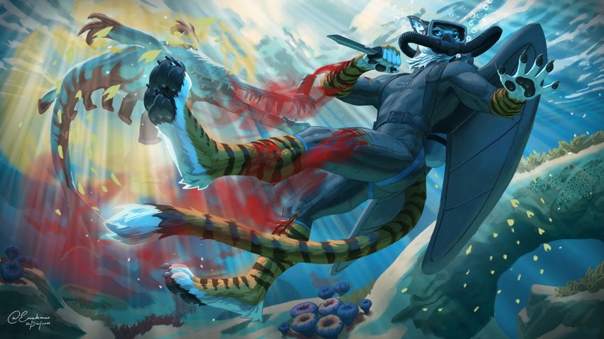 anthro blood bodily_fluids claws diving_mask knife male mask pawpads scuba solo underwater water wounded ewademar subnautica unknown_worlds_entertainment alien avian felid fish hybrid mammal marine pantherine shark stalker_(subnautica) tiger hi_res