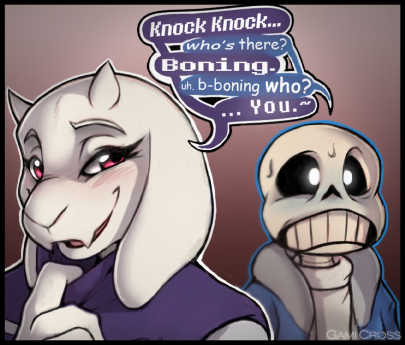 anthro bedroom_eyes blush bodily_fluids bone clothed clothing dialogue duo female flirting flirting_look fur humor male mature_female narrowed_eyes pun red_eyes seductive simple_background skeleton smile sweat text white_body white_fur dark_nek0gami undertale undertale_(series) sans_(undertale) toriel animated_skeleton boss_monster_(undertale) bovid caprine mammal undead tag_(disambiguation) english_text lol_comments