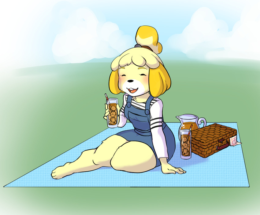 anthro beverage blush clothed clothing eyes_closed female fur hair open_mouth outside picnic sitting smile solo teeth thick_thighs tongue wide_hips yellow_body yellow_fur bluebun animal_crossing nintendo isabelle_(animal_crossing) canid canine canis domestic_dog mammal shih_tzu toy_dog