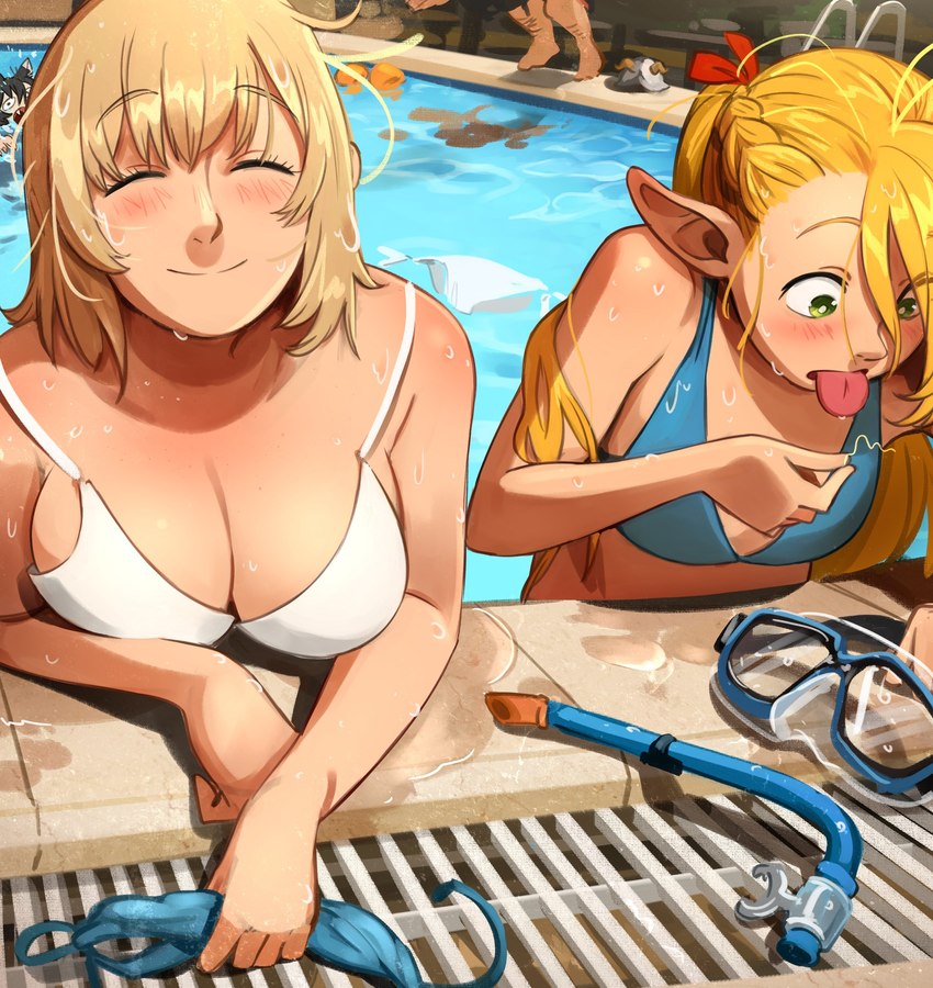 after_oral anthro bikini blonde_hair blush breast_size_difference breasts cleavage clothed clothing duo_focus eyes_closed female female/female group hair humanoid_pointy_ears implied_cunnilingus messy_hair not_furry_focus partially_submerged pointy_ears pool removed_bottomwear smile stray_pubes swimwear tongue tongue_out two-piece_swimsuit wet wet_hair khyleri delicious_in_dungeon falin_touden izutsumi_(delicious_in_dungeon) marcille_donato senshi_(delicious_in_dungeon) domestic_cat elf felid feline felis human humanoid mammal 2024 absurd_res hi_res