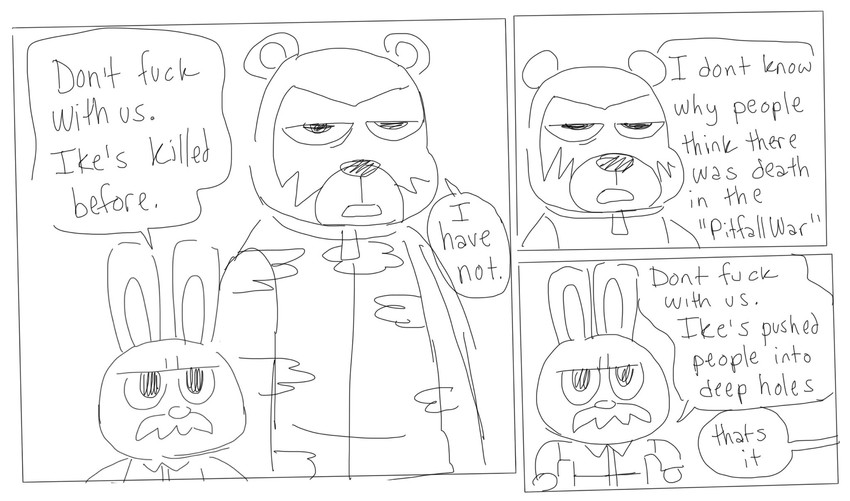 anthro clothing duo facial_hair male mustache profanity shirt text topwear mike_cubes animal_crossing nintendo gaston_(animal_crossing) ike_(animal_crossing) bear lagomorph leporid mammal rabbit 2020 comic english_text hi_res monochrome