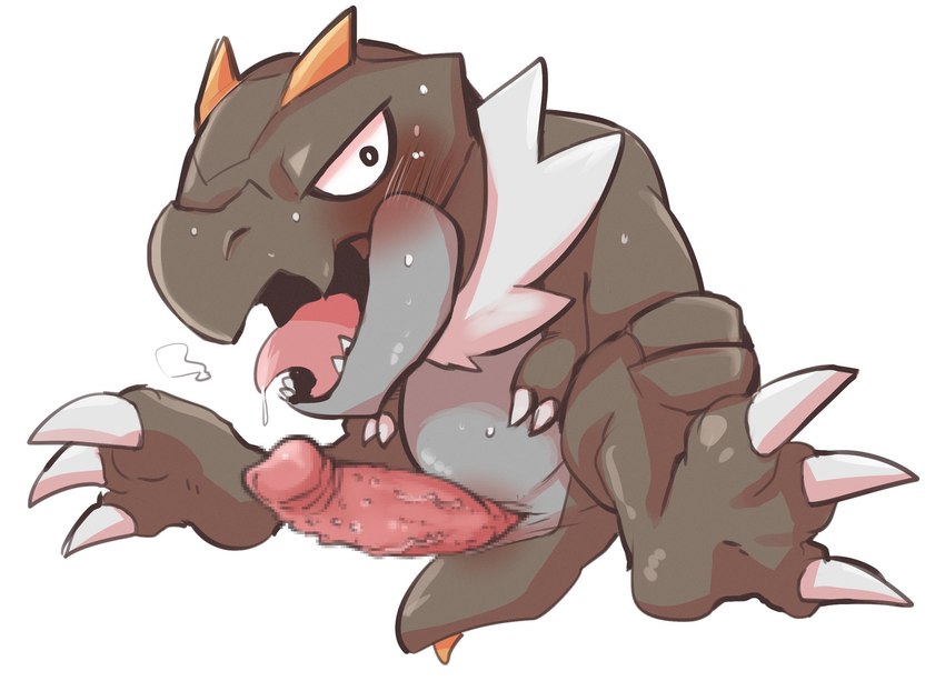 animal_genitalia blush bodily_fluids brown_body censored_genitalia censored_penis claws drooling erection fangs genital_slit genitals horn looking_at_viewer male mane neck_tuft penis saliva scales simple_background solo spread_legs spreading sweat teeth tongue tongue_out tuft doneru nintendo pokemon dinosaur fossil_pokemon generation_6_pokemon pokemon_(species) prehistoric_species reptile scalie theropod tyrannosaurid tyrannosauroid tyrannosaurus tyrunt censored hi_res mosaic_censorship