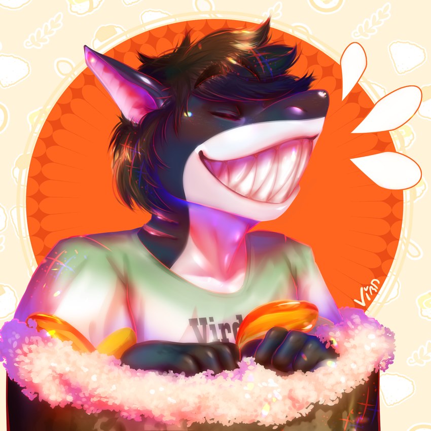 ambiguous_gender anthro black_hair clothed clothing detailed_background eyes_closed food hair in_food shirt smile solo sushi teeth topwear vird sal_(salboye) fish marine shark 1:1 digital_media_(artwork) hi_res