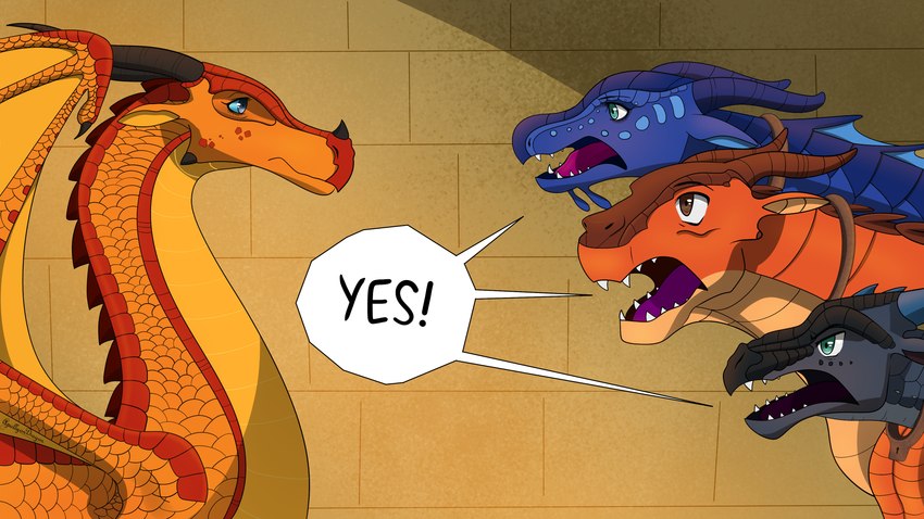 black_body blue_body dialogue female feral group horn jewelry male necklace orange_body text wall_(structure) wings apollyondragon mythology wings_of_fire clay_(wof) peril_(wof) starflight_(wof) tsunami_(wof) dragon mythological_creature mythological_scalie scalie 2021 absurd_res hi_res