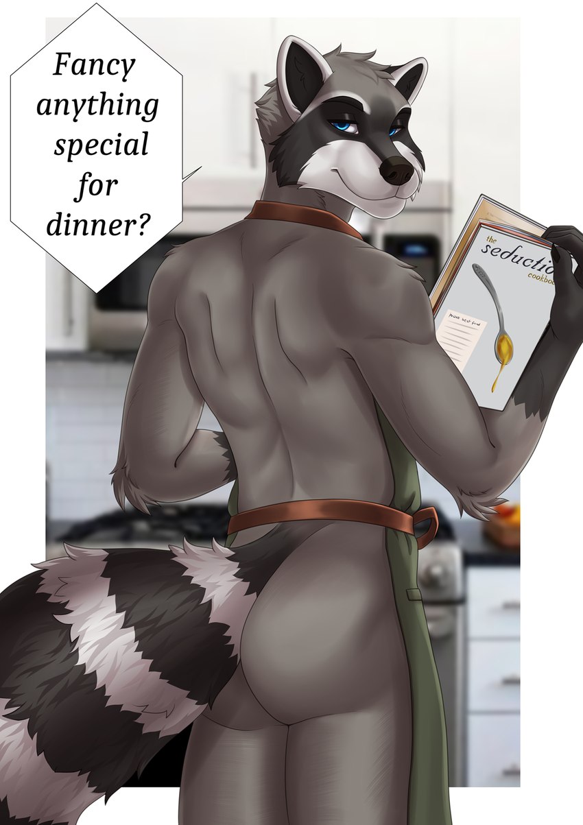 anthro apron apron_only blue_eyes butt clothing kitchen looking_at_viewer looking_back magazine male mostly_nude nude rear_view solo speech_bubble suggestive_dialogue suggestive_look suggestive_pose text sajophoe azban mammal procyonid raccoon english_text hi_res